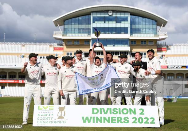 Nottinghamshire celebrate with the LV= Insurance County Championship division two trophy after winning the LV= Insurance County Championship match...