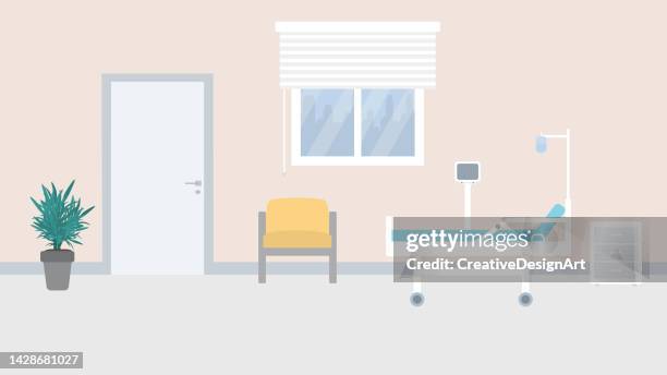 leeres krankenhauszimmer mit bett, sessel, topfpflanze und iv-tropf - krankenhaus niemand stock-grafiken, -clipart, -cartoons und -symbole