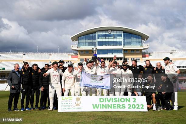 Nottinghamshire celebrate with the LV= Insurance County Championship division two trophy after winning the LV= Insurance County Championship match...