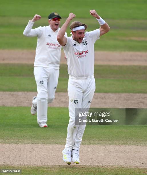 Stuart Broad of Nottinghamshire celebrates dismissing Scott Borthwick of Durham during the LV= Insurance County Championship match between...