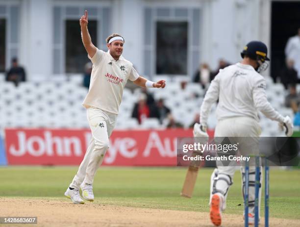 Stuart Broad of Nottinghamshire celebrates dismissing Chris Benjamin of Durham during the LV= Insurance County Championship match between...