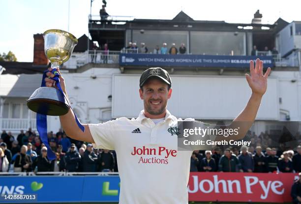 Nottinghamshire captain Steven Mullaney celebrates with the LV= Insurance County Championship division two trophy after winning the LV= Insurance...