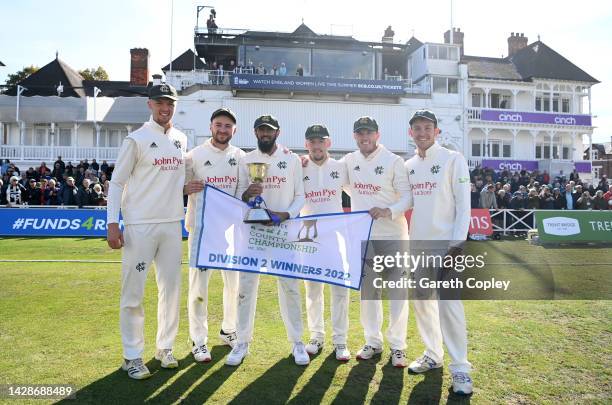 Nottinghamshire batters Lyndon James, Joe Clarke, Haseeb Hameed, Tom Moores, Ben Slater and Matthew Montgomery celebrate with the LV= Insurance...