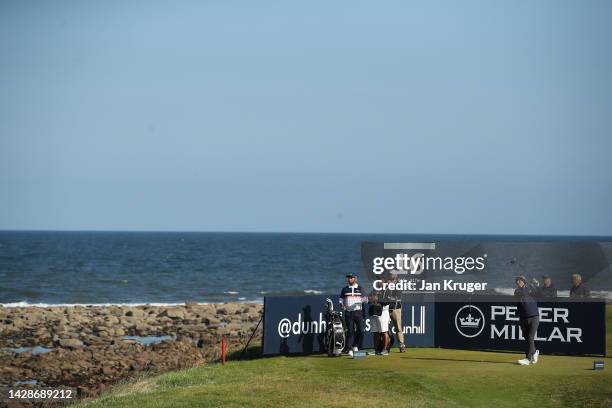 Aaron Cockerill of Canada tees off on the 16th hole on Day One of the Alfred Dunhill Links Championship at Kingsbarns Golf Links on September 29,...