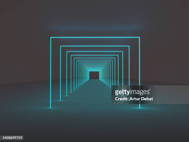 render of blue neon tunnel in digital scenario. - vanishing point technology stock pictures, royalty-free photos & images