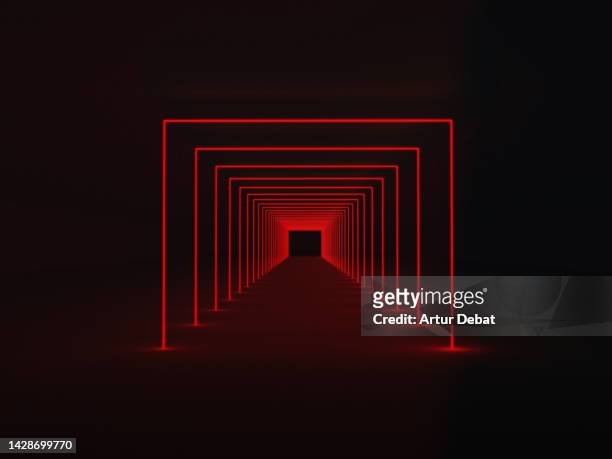 render of red neon tunnel in digital scenario. - reds fotografías e imágenes de stock