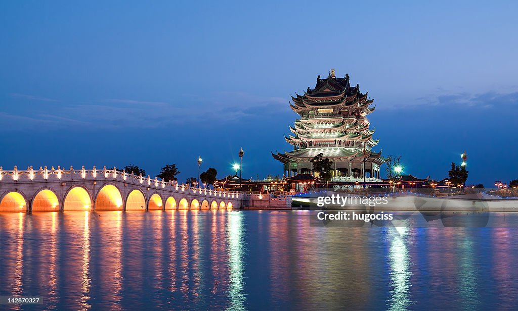 Lit Buddhist temple in Suzhou outskirts