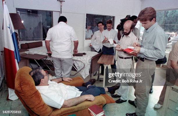 Ricardo Arias Calderon, Panama Opposition Leader and winner of Panama's May 7th Presidential Election, speaks with reporters about his hunger strike...