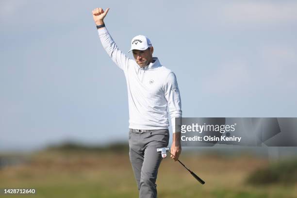 Oliver Wilson of England reacts on the 9th green on Day One of the Alfred Dunhill Links Championship on the Old Course St. Andrews on September 29,...
