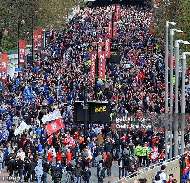 Fans arriving at Wembley Stadium before the FA Cup semi-final sponsored by Budweiser between Liverpool and Everton at Wembley Stadium on April 14,...