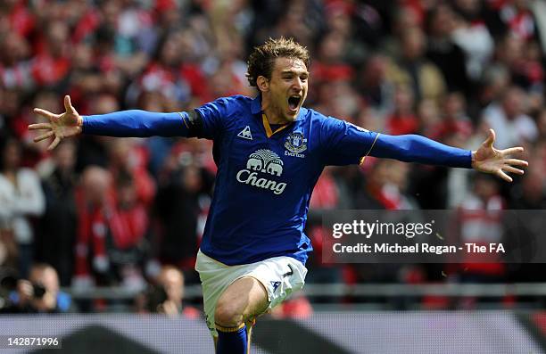 Nikica Jelavic of Everton celebrates scoring the opening goal during the FA Cup with Budweiser Semi Final match between Liverpool and Everton at...