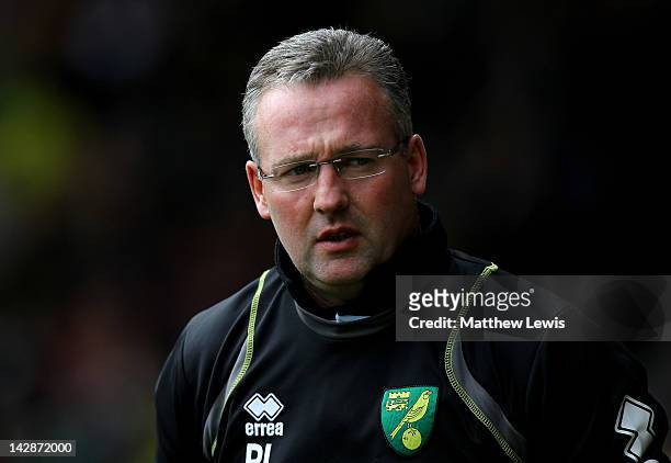 Norwich City Manager Paul Lambert looks on prior to the Barclays Premier League match between Norwich City and Manchester City at Carrow Road on...