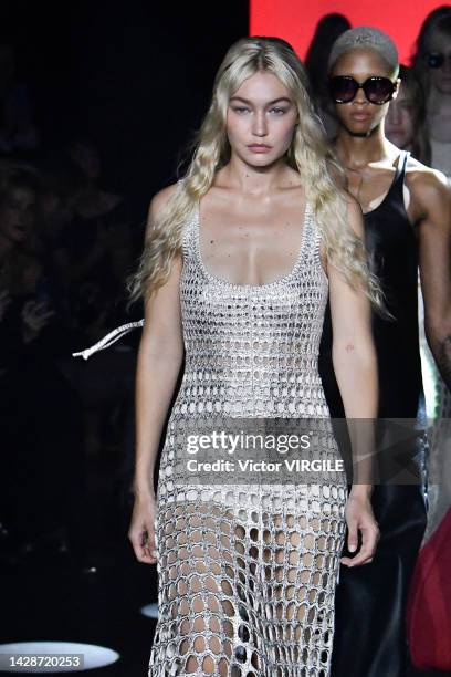 Gigi Hadid walks the runway during the Chloe Ready to Wear Spring/Summer 2023 fashion show as part of the Paris Fashion Week on September 29, 2022 in...