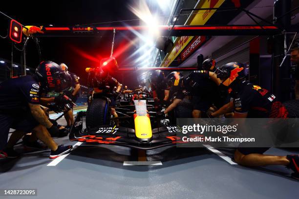 The Red Bull Racing team practice pitstops during previews ahead of the F1 Grand Prix of Singapore at Marina Bay Street Circuit on September 29, 2022...