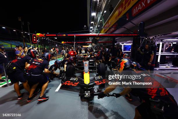 The Red Bull Racing team practice pitstops during previews ahead of the F1 Grand Prix of Singapore at Marina Bay Street Circuit on September 29, 2022...