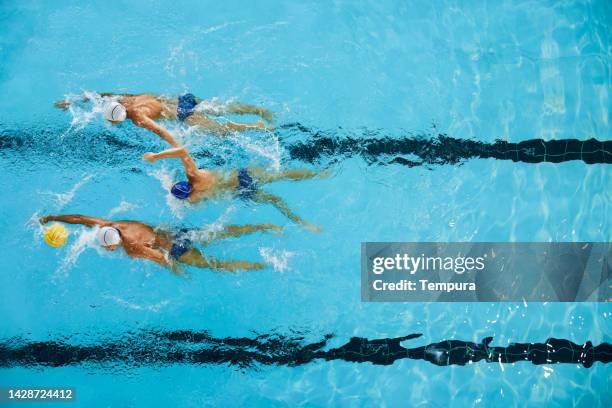 drei professionelle wasserballspieler rasen auf das ziel zu. - wasserball stock-fotos und bilder
