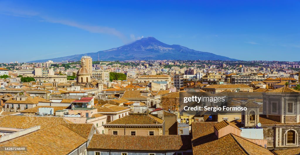 Panoramic of Mt Etna volcano over Catania city, Sicily, Italy