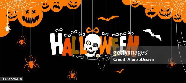 halloween banner with hanging letters. design with skull, spider web and bats for greeting cards, posters, flyers and invitations. - mystery sale stock illustrations