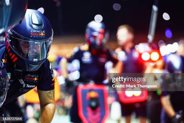 The Red Bull Racing team practice pitstops during previews ahead of the F1 Grand Prix of Singapore at Marina Bay Street Circuit on September 29, 2022...