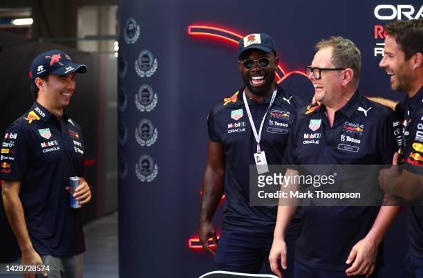 Sergio Perez of Mexico and Oracle Red Bull Racing talks with Micah Richards, Alan Carr and Jamie Redknapp during previews ahead of the F1 Grand Prix...