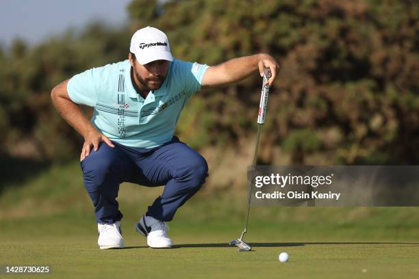 Romain Langasque of France lines up a putt on the 9th green on Day One of the Alfred Dunhill Links Championship on the Old Course St. Andrews on...