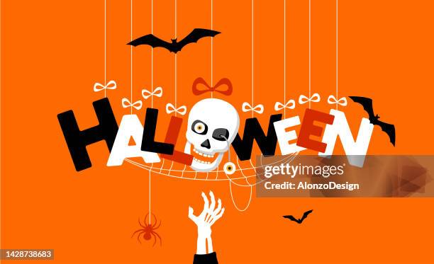 halloween banner with hanging letters. design with skull, spider web and bats for greeting cards, posters, flyers and invitations. - halloween font stock illustrations