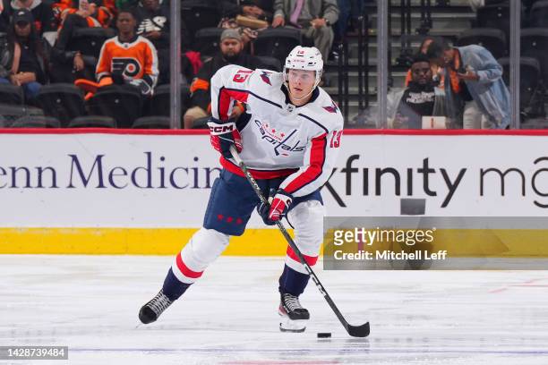Henrik Borgstrom of the Washington Capitals controls the puck against the Philadelphia Flyers during the preseason game at the Wells Fargo Center on...