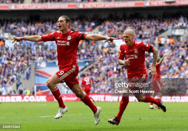 Andy Carroll of Liverpool celebrates with Martin Skrtel as he scores their second goal during the FA Cup with Budweiser Semi Final match between...
