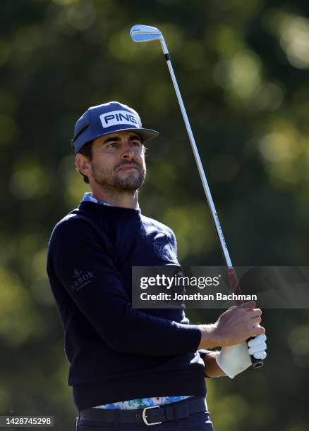 Scott Harrington of the United States plays his shot from the fourth tee during the Sanderson Farms Championship at The Country Club of Jackson on...