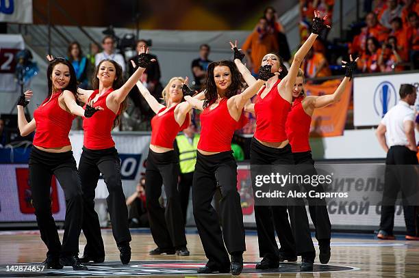 Khimki Dancers perform during semi-final A of the 2012 Eurocup Finals between Valencia Basket v Lietuvos Rytas at Basketball Center of Moscow Region...