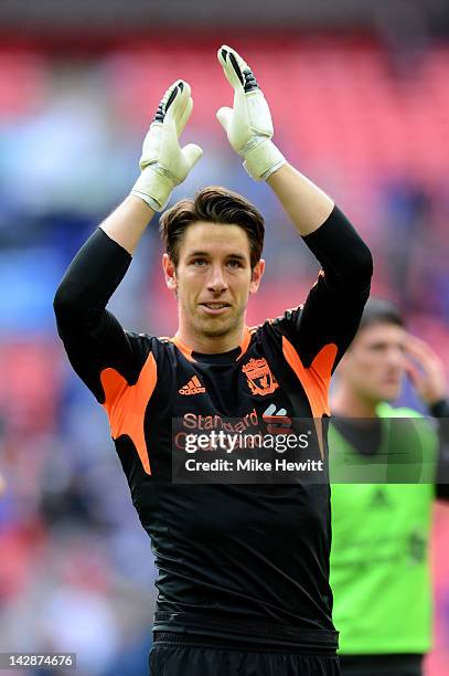 Brad Jones of Liverpool celebrates victory after the FA Cup with Budweiser Semi Final match between Liverpool and Everton at Wembley Stadium on April...