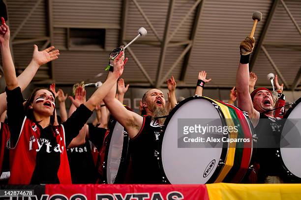 Supporters of Lietuvos Rytas look on during semi-final A of the 2012 Eurocup Finals between Valencia Basket v Lietuvos Rytas at Basketball Center of...
