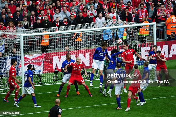 Andy Carroll of Liverpool scores his side's second goal during the FA Cup with Budweiser Semi Final match between Liverpool and Everton at Wembley...
