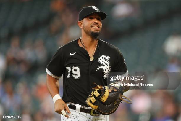 Jose Abreu of the Chicago White Sox in action against the Kansas City Royals at Guaranteed Rate Field on August 30, 2022 in Chicago, Illinois.