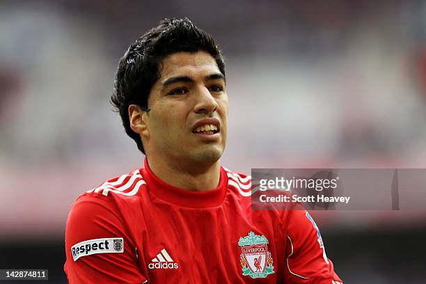 Luis Suarez of Liverpool looks on during the FA Cup with Budweiser Semi Final match between Liverpool and Everton at Wembley Stadium on April 14,...
