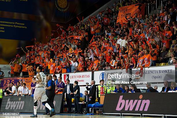 Valencia Basket supporters in action during semi-final A of the 2012 Eurocup Finals between Valencia Basket v Lietuvos Rytas at Basketball Center of...