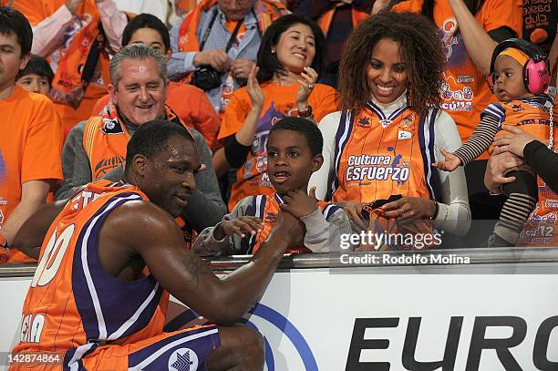 Florent Pietrus, #20 of Valencia Basket celebrates with his family after semi-final A of the 2012 Eurocup Finals between Valencia Basket v Lietuvos...