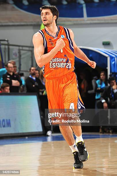 Stefan Markovic, #4 of Valencia Basket celebrates during semi-final A of the 2012 Eurocup Finals between Valencia Basket v Lietuvos Rytas at...