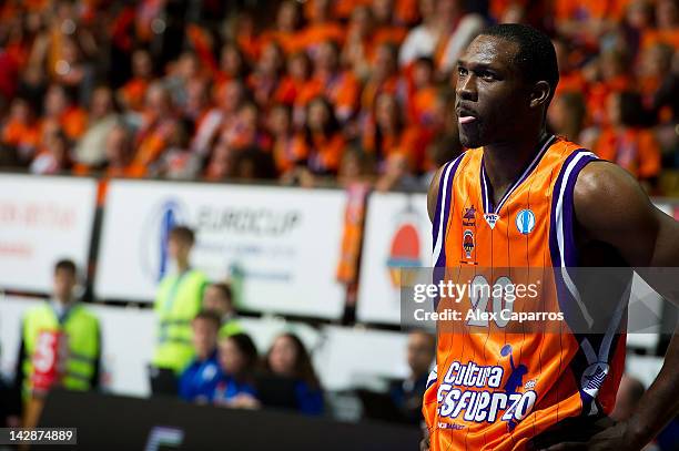 Florent Pietrus, #20 of Valencia Basket reacts during the semifinal A of 2012 Eurocup Finals between Valencia Basket v Lietuvos Rytas at Basketball...