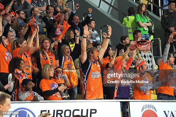 Valencia Basket fans show their support during the semifinal A of 2012 Eurocup Finals between Valencia Basket v Lietuvos Rytas at Basketball Center...