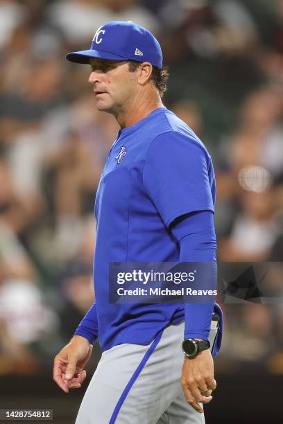 Manager Mike Matheny of the Kansas City Royals looks on against the Chicago White Sox at Guaranteed Rate Field on August 30, 2022 in Chicago,...