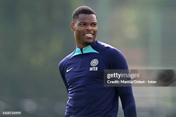 Denzel Dumfries of FC Internazionale looks on during the FC Internazionale training session at the club's training ground Suning Training Center at...