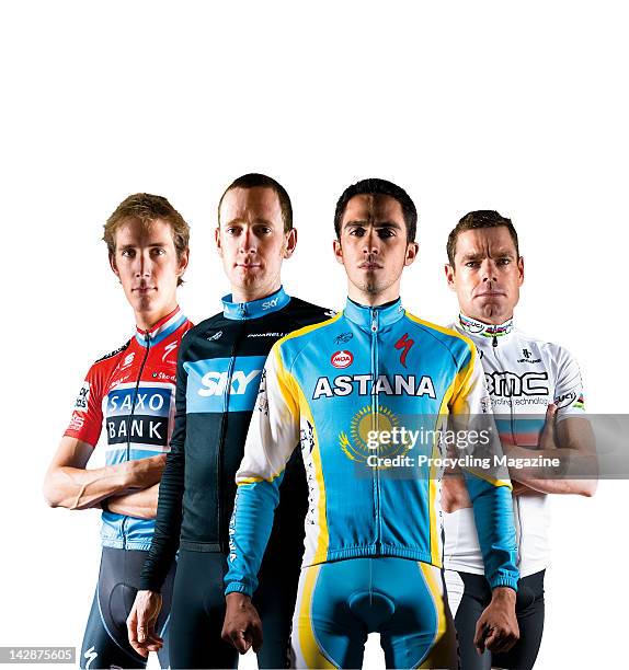 Professional cyclists Andy Schleck, Bradley Wiggins, Alberto Contador and Cadel Evans, May 19, 2010.