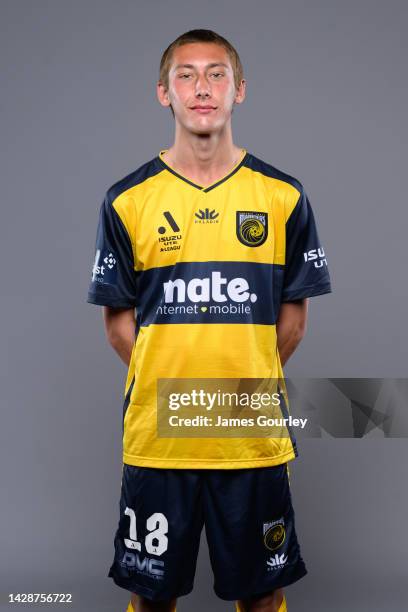 Jacob Farrell poses during the Central Coast Mariners FC headshots session at Mingara Recreation Club on September 28, 2022 in the Central Coast,...