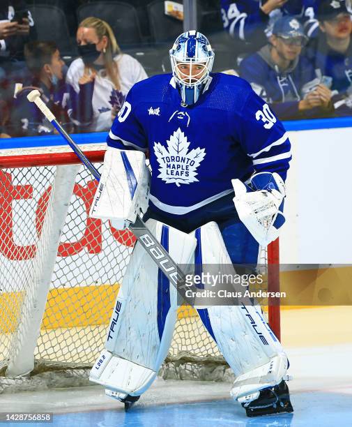 Matt Murray of the Toronto Maple Leafs gets set to play against the Montreal Canadiens during an NHL pre-season game at Scotiabank Arena on September...