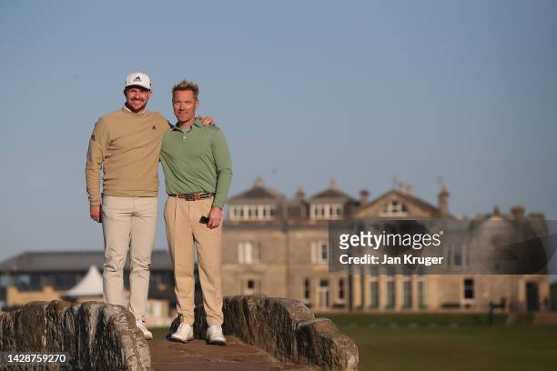 Connor Syme of England and playing partner, Musician, Ronan Keating pose on the Swilcan Bridge on Day One of the Alfred Dunhill Links Championship at...