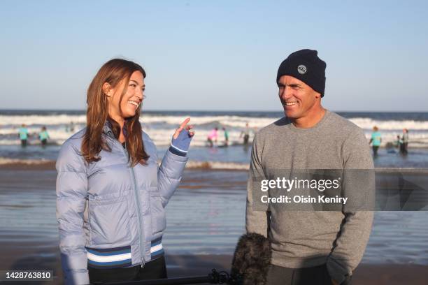 Kelly Slater of the United States is interviewed during a visit with students of the Blown Away Surf School on Day One of the Alfred Dunhill Links...