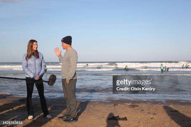 Kelly Slater of the United States is interviewed during a visit with students of the Blown Away Surf School on Day One of the Alfred Dunhill Links...