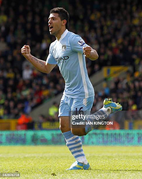 Manchester City's Argentinian striker Sergio Aguero celebrates scoring his second goal during the English Premier League football match between...