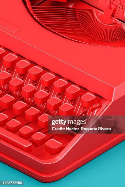 3d render of red typewriter on blue background, student concept - literature fotografías e imágenes de stock